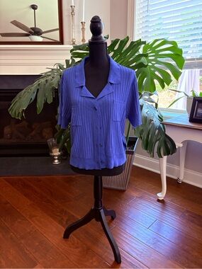 Tahari ASL Cobalt Blue Short Sleeve Knit Button-Up Top